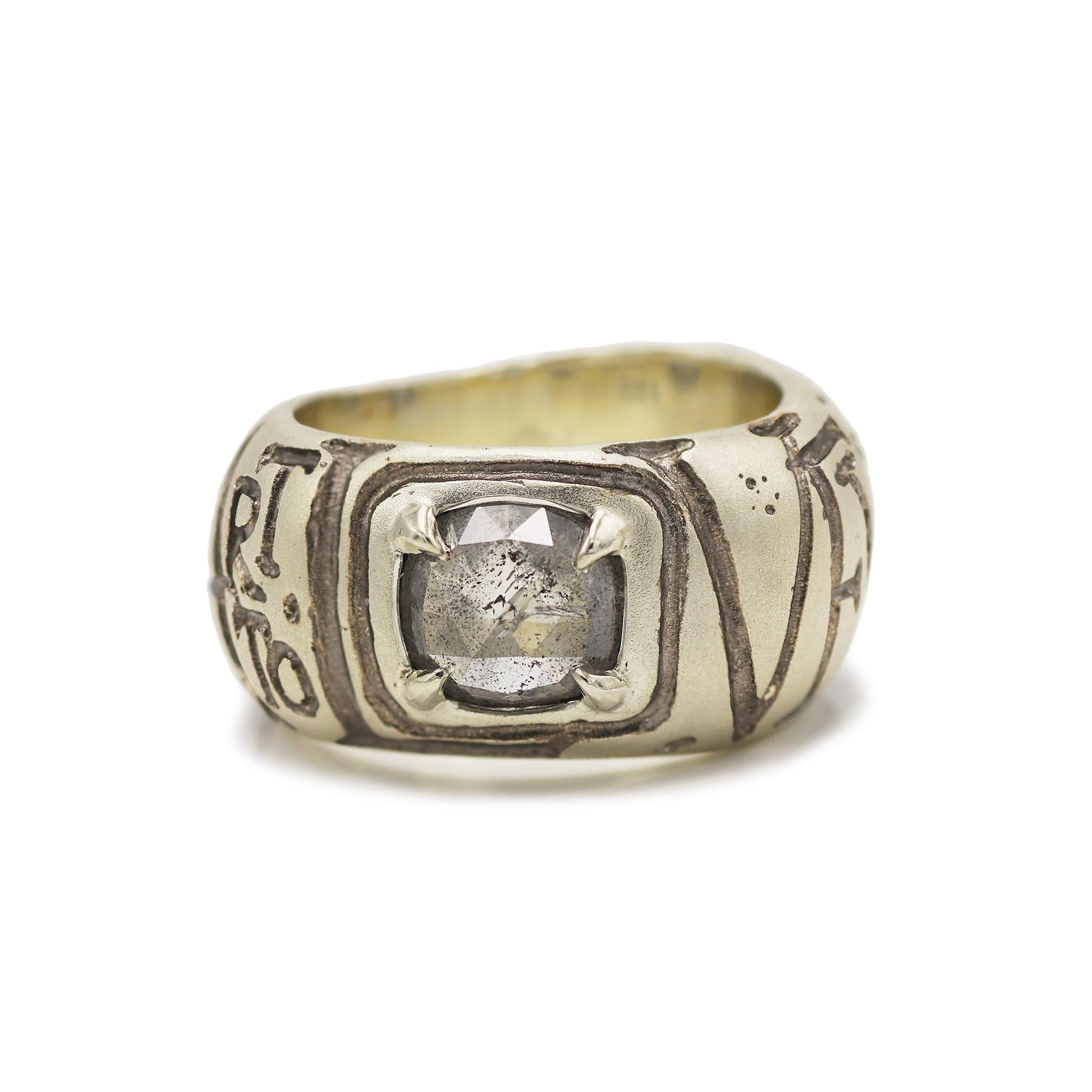 Chunky White Gold Ring etched with Every Heart To Love Will Come