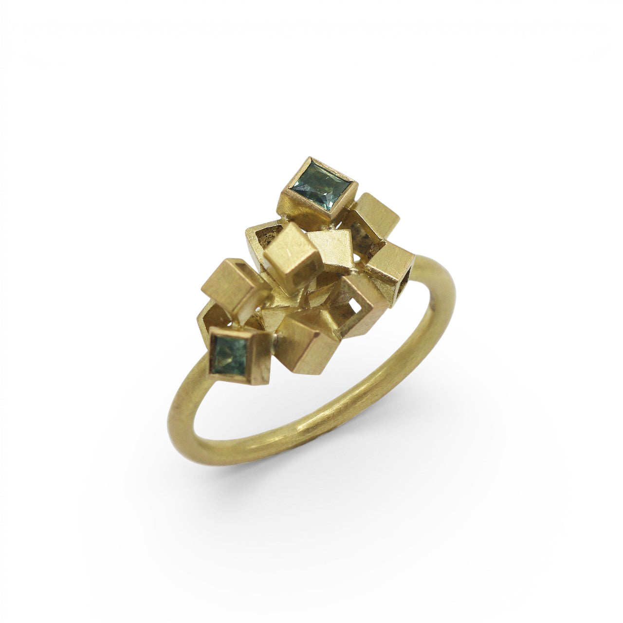Gold Cube Detail ring with blue square stones on white background