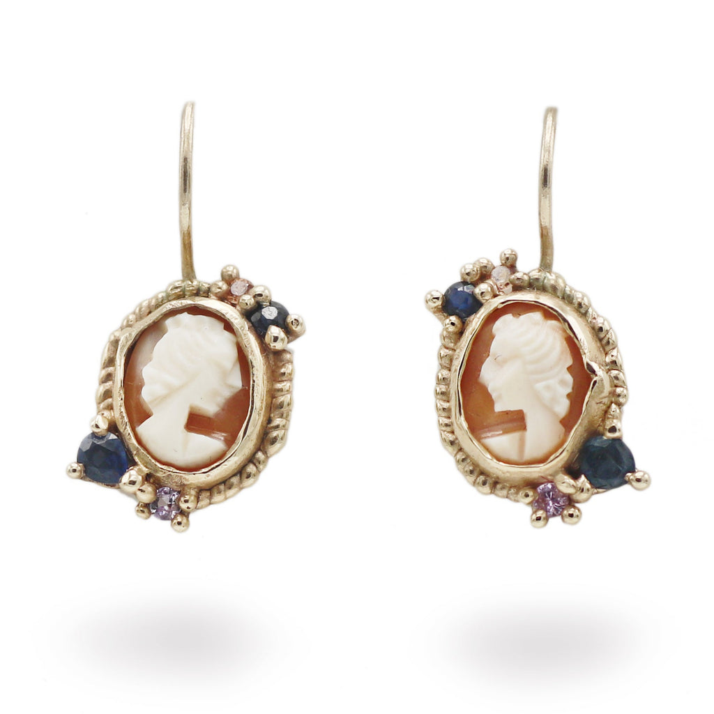 Ciara Bowles decorative cameo drop earrings on a white background st Diana porter jewellery