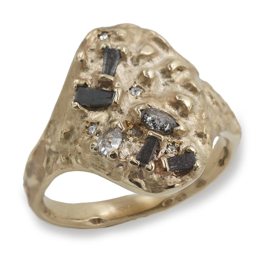 Collaboration 9ct Fairtrade Yellow Gold Shield Ring set with Salt & Pepper Rose Cut Diamonds