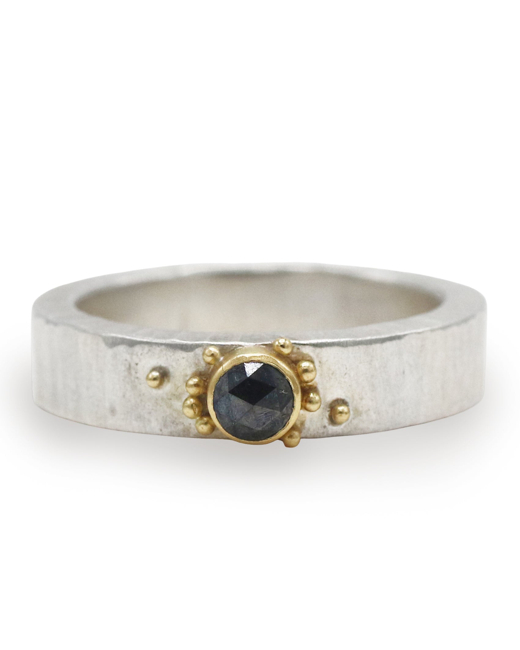 Jenifer Wall Black Rose Cut Diamond Silver Ring with yellow Gold Granules
