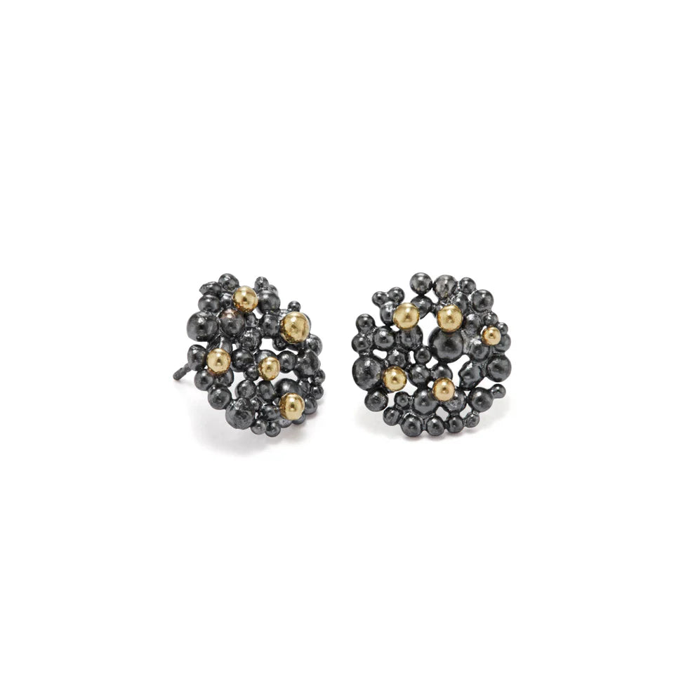 Hannah Bedford Oxidised Silver Berry Earrings with Yellow Gold Granules Medium