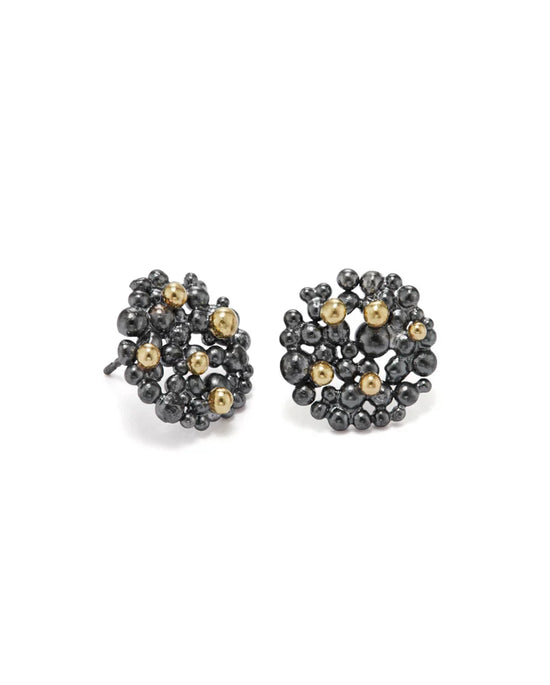 Hannah Bedford Oxidised Silver Berry Earrings with Yellow Gold Granules Medium