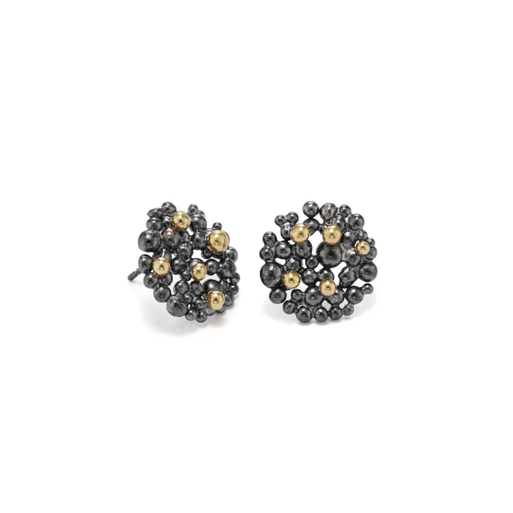 Hannah Bedford Oxidised Silver Berry Earrings with Yellow Gold Granules Medium
