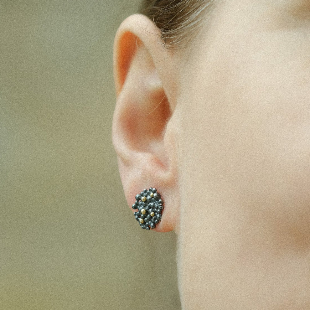 Hannah Bedford Oxidised Silver Berry Earrings with Yellow Gold Granules Medium