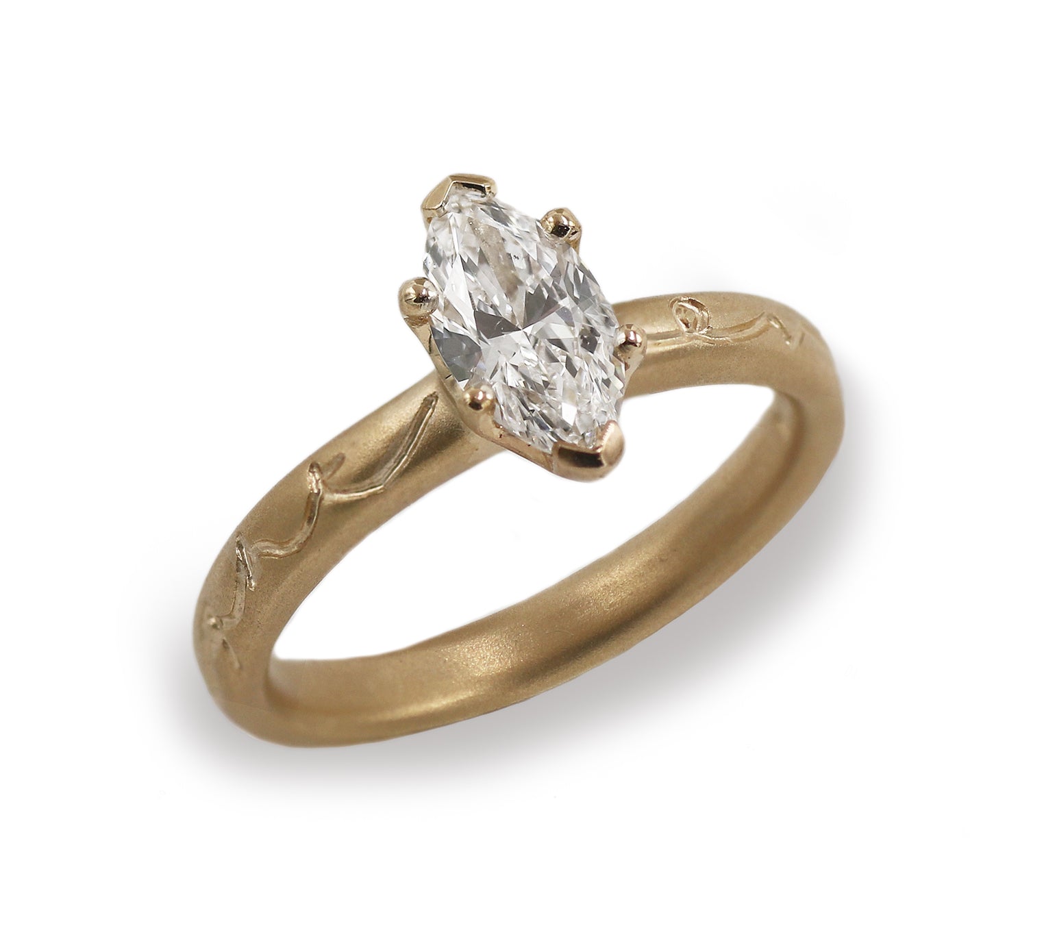 Bespoke 14ct Yellow Gold Ring with Personalised Etching and Marquise Diamond