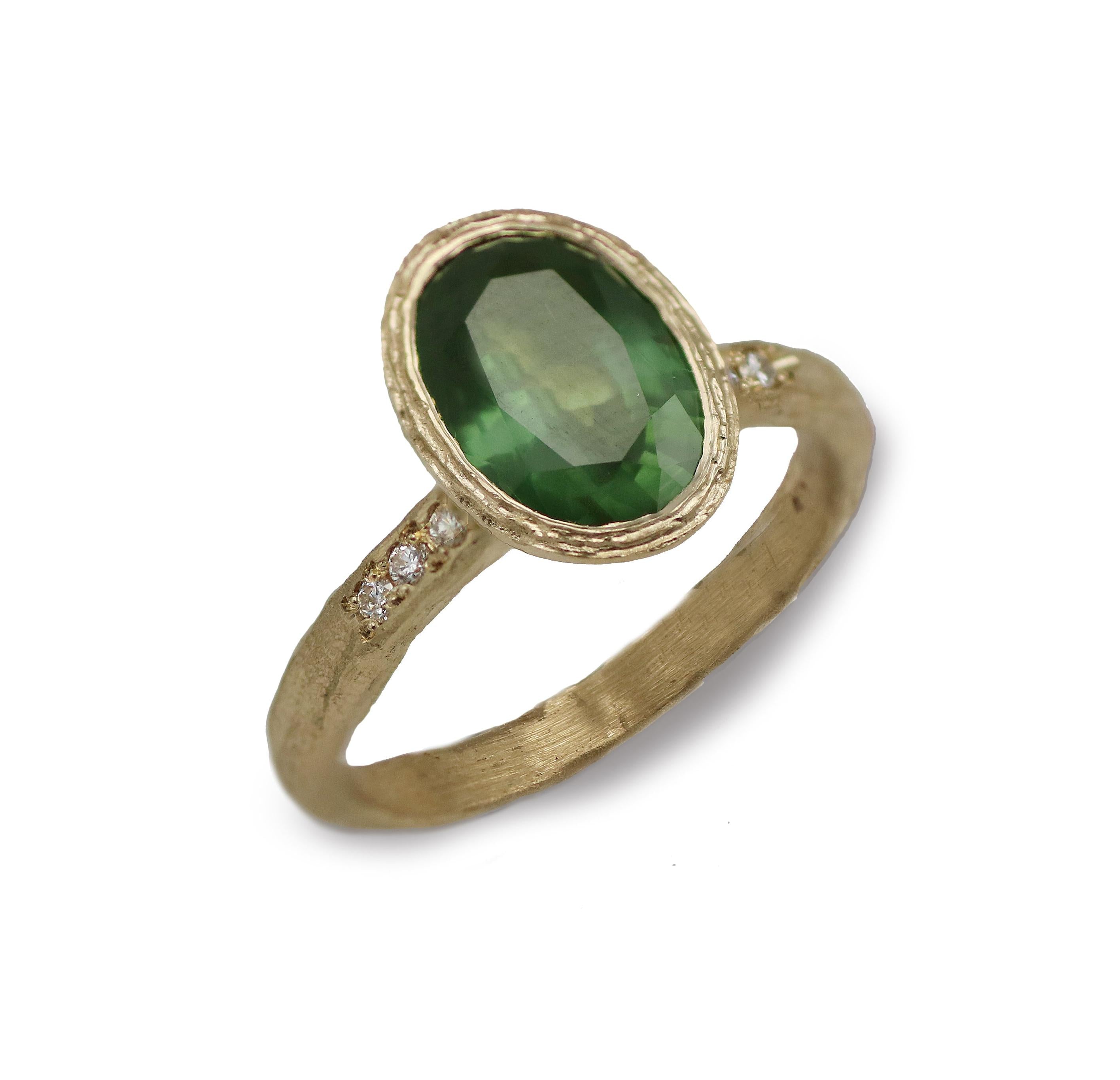 Bespoke -Yellow Gold Ring with Oval Green Sapphire and Diamonds