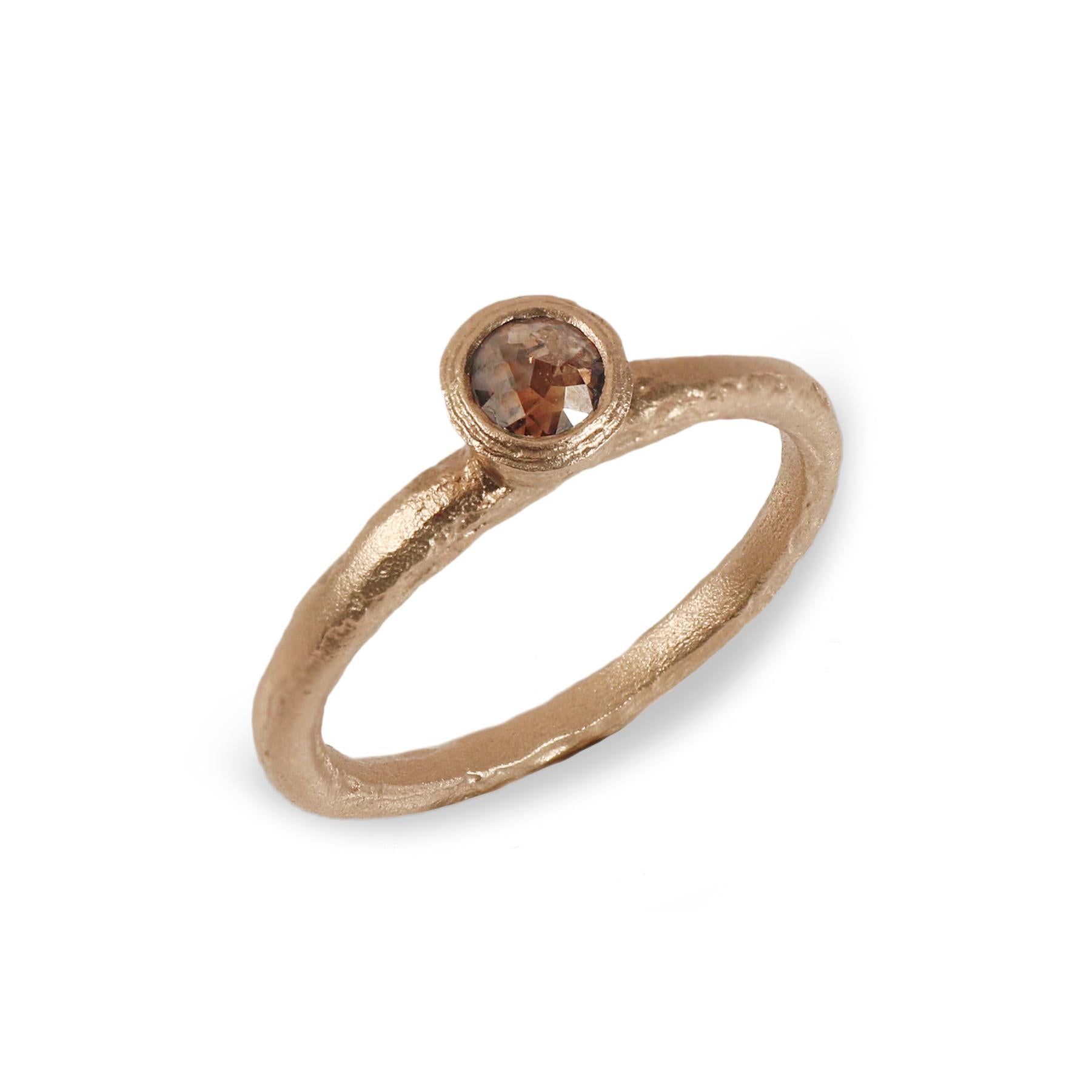 Textured Yellow Gold Ring with Brown Rose Cut Diamond on white background 