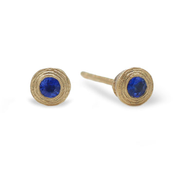 9ct Fairtrade Textured Yellow Gold Ear Studs with Blue Sapphires