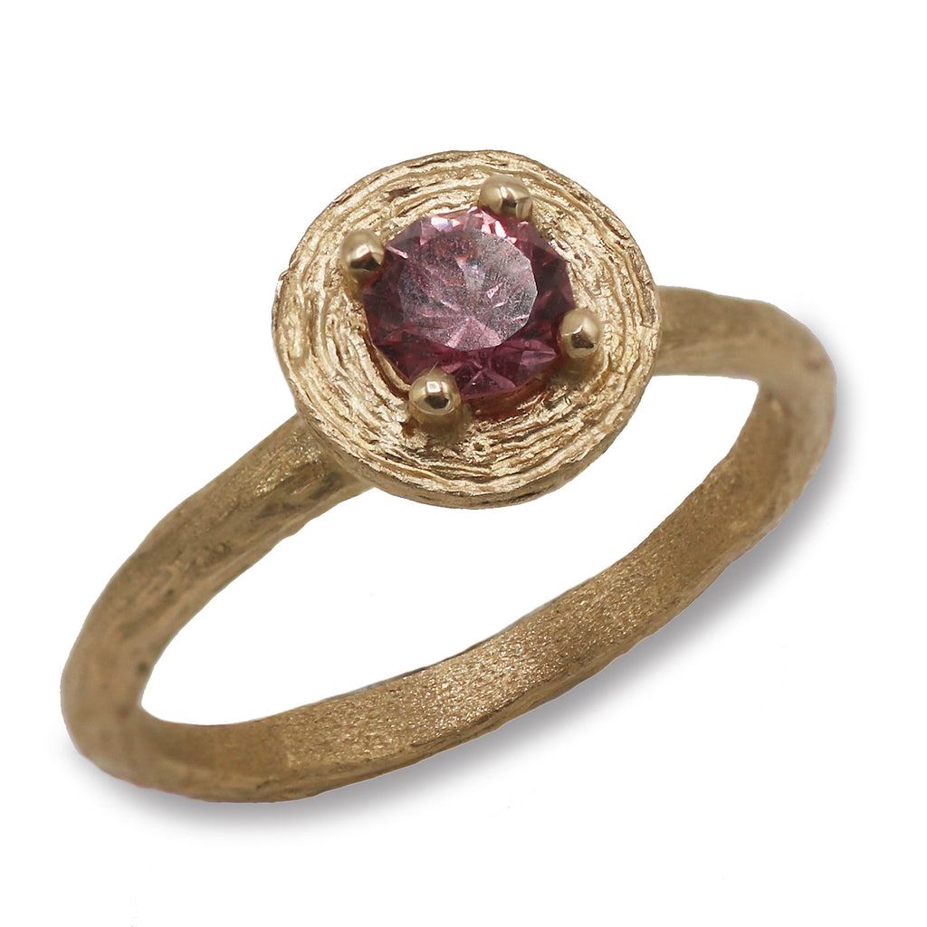 Modern Textured Gold Ring with A Pink Sapphire