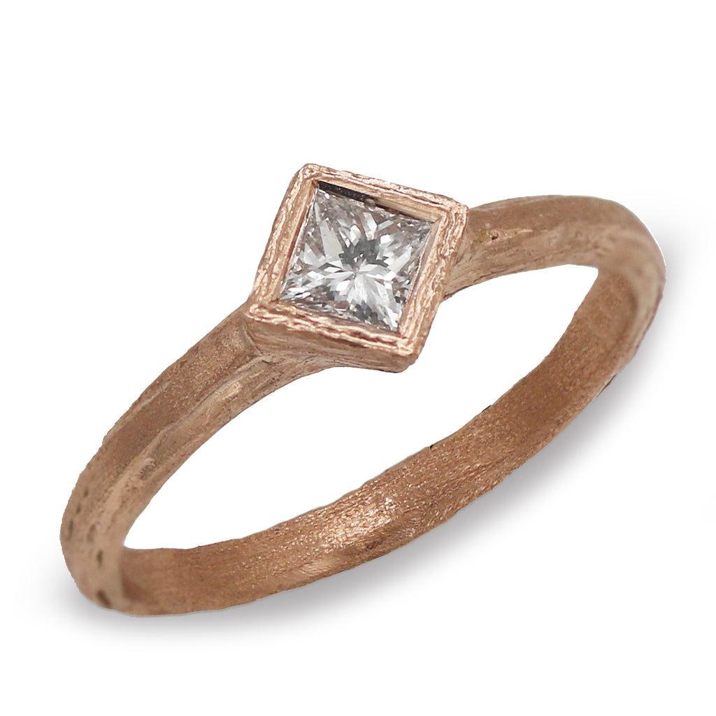 14ct Fairtrade Rose Gold Etched Ring Set with Princess Cut Diamond