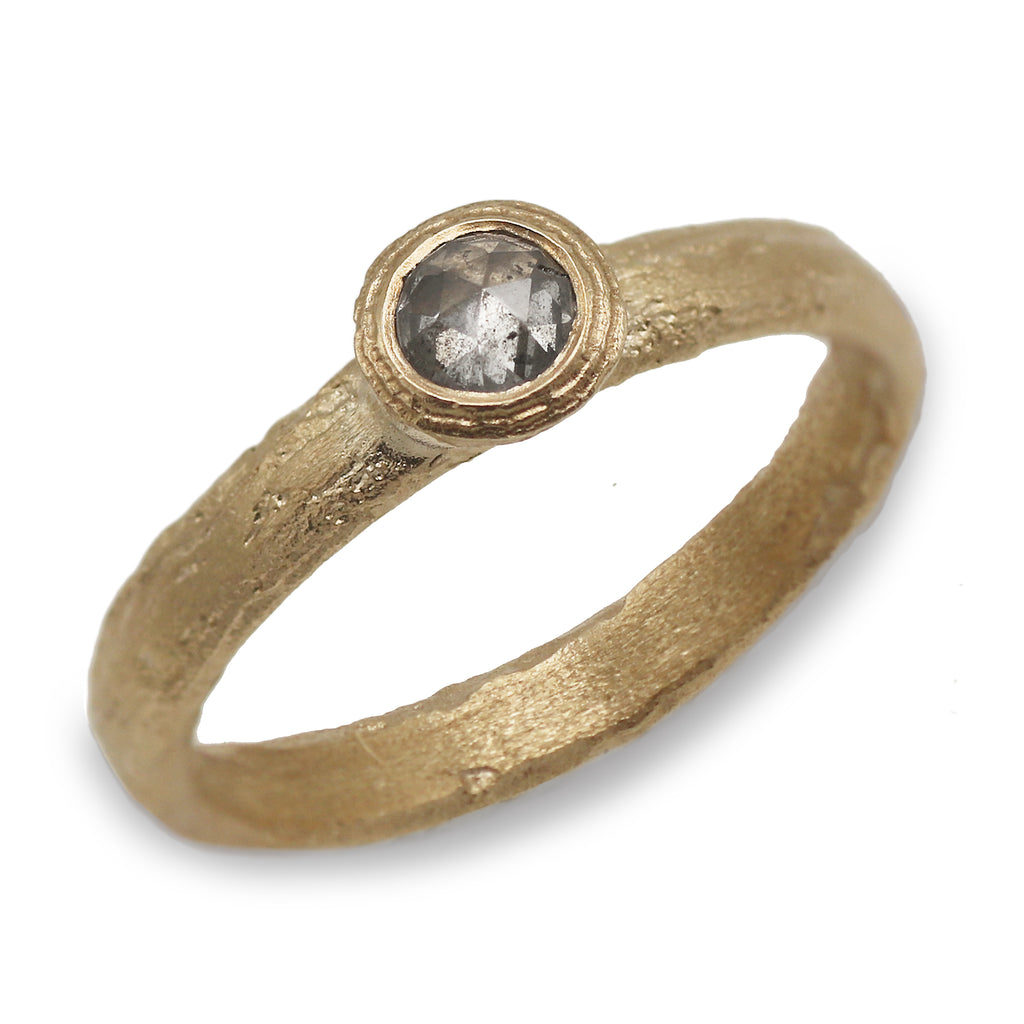 Textured Yellow Gold Ring with Salt & Pepper Rose Cut Diamond
