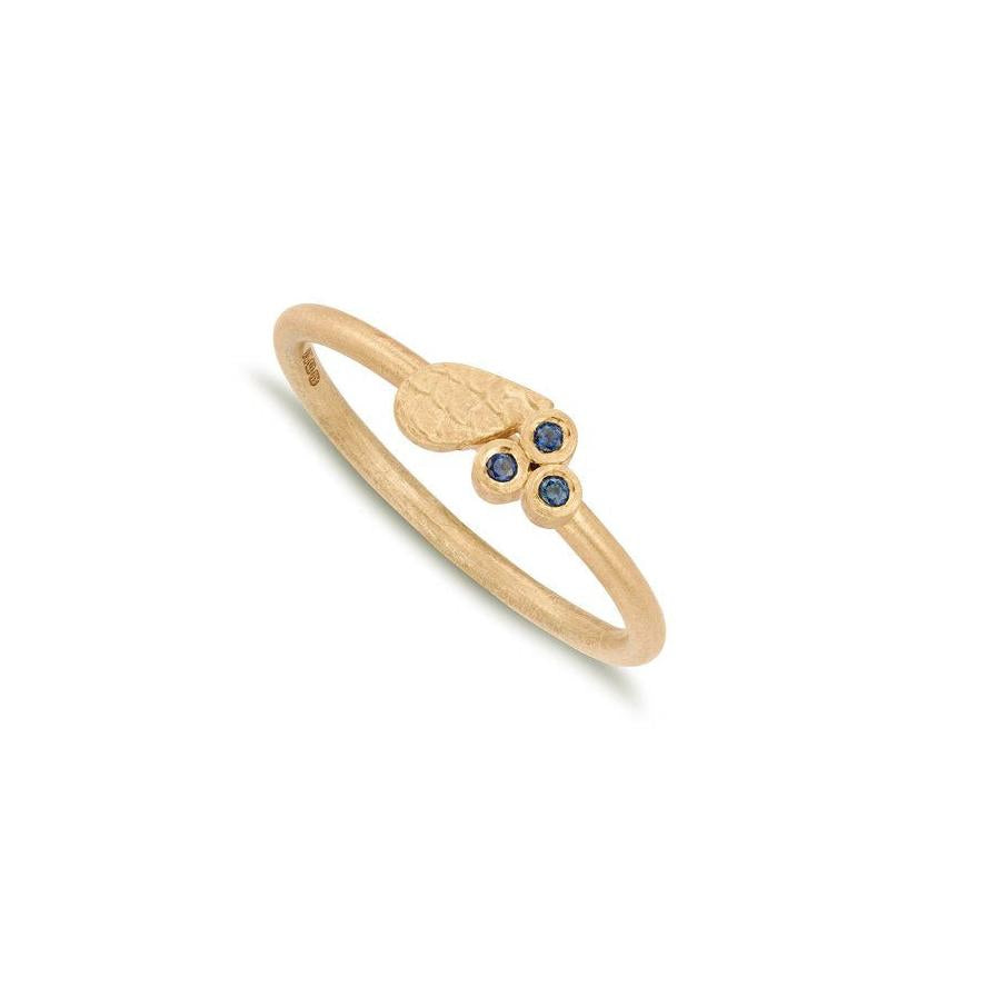 three blue sapphire and catkin textured droplet ring by Alison Macleod displayed on white background