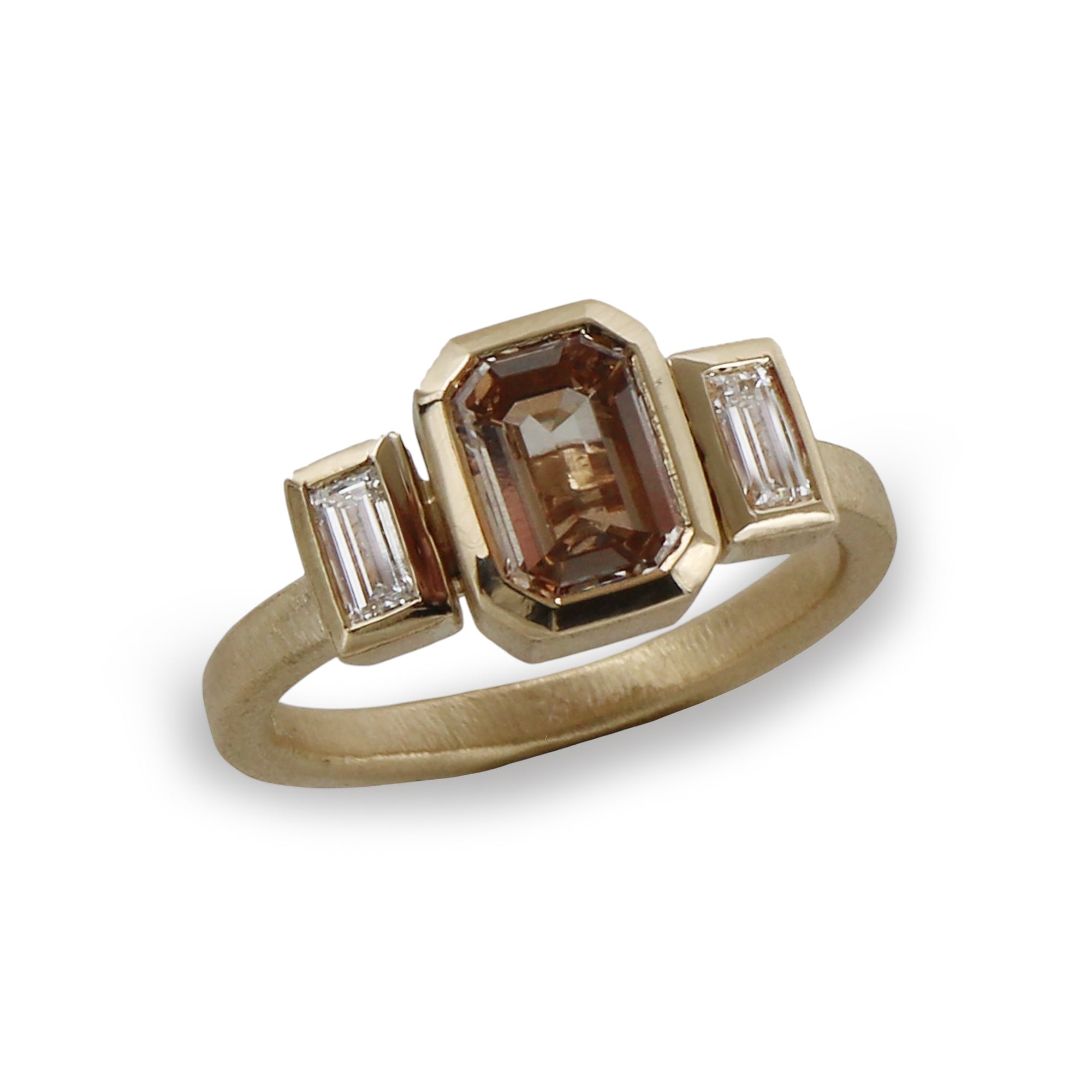 Bespoke - Yellow Gold Ring with Baguette Diamonds and Brown Diamond
