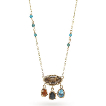 Ciara Bowles Smokey Quartz Chandelier Gold Necklace with Blue Topaz, Hessonite Garnet, Sapphire and Apatite Beads
