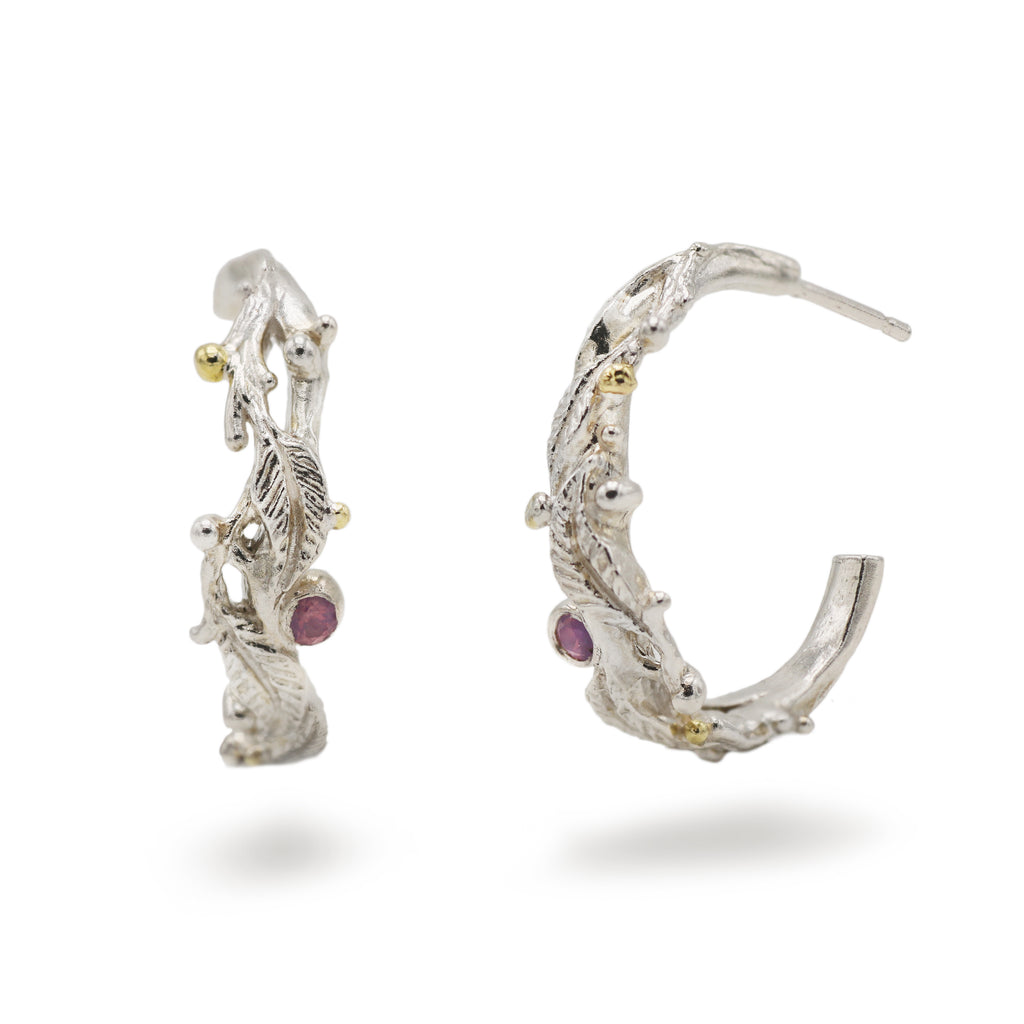 Charlotte Rowenna Rowan Silver Hoop Earrings with Pink Sapphires and Gold Granules