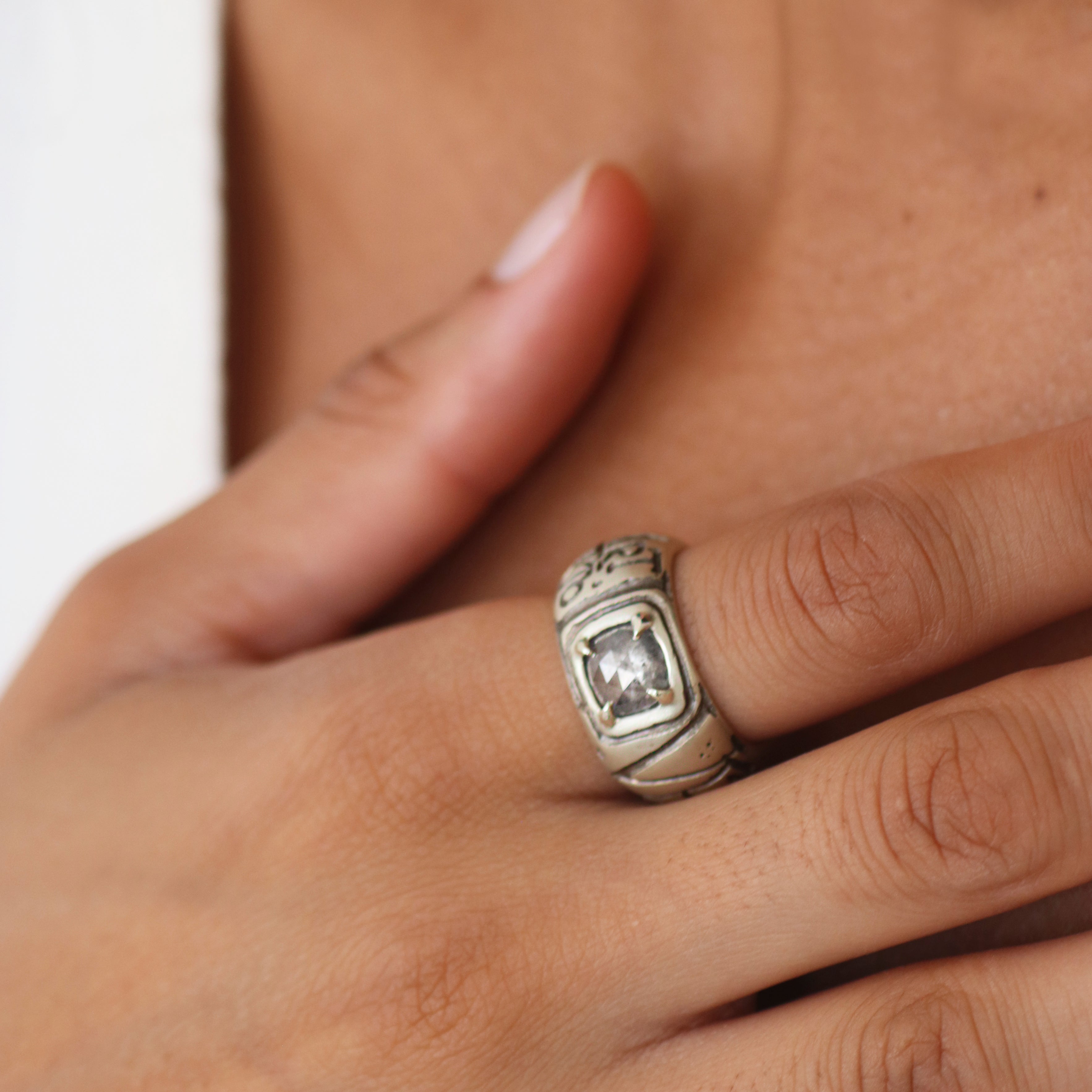 Chunky White Gold Ring etched with Every Heart To Love Will Come