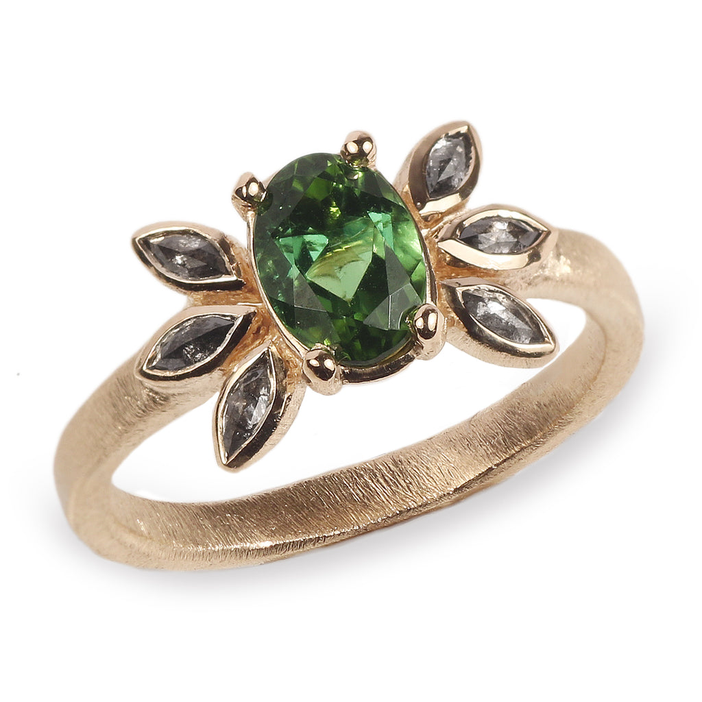 Bespoke 9ct Yellow Gold Ring with a Green Tourmaline and Marquise Diamonds