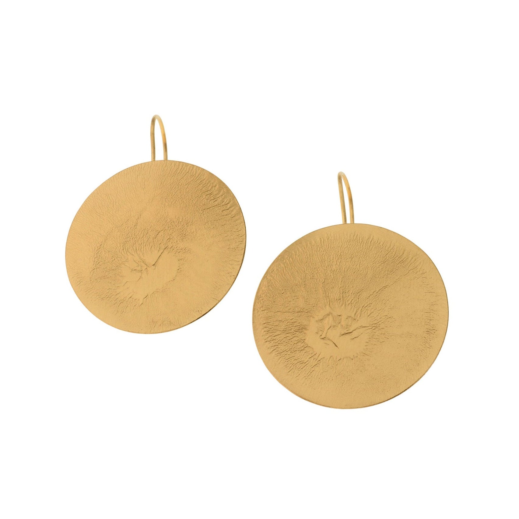 Pair of gold round earrings on a white background