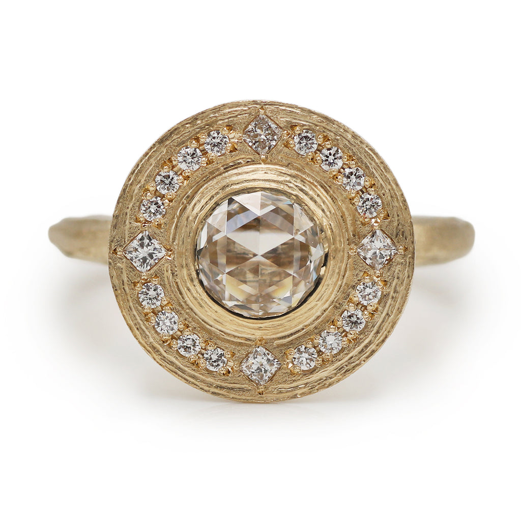 Textured Yellow Gold and Diamond Halo Engagement Ring