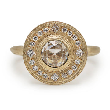 Textured Yellow Gold and Diamond Halo Engagement Ring