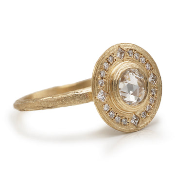 Textured Yellow Gold and Diamond Halo Engagement Ring