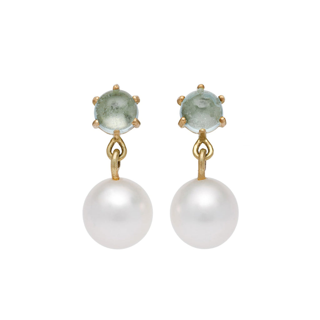 Pair of earrings with pale blue green Aquamarines and pearls on a white background