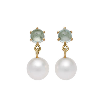 Pair of earrings with pale blue green Aquamarines and pearls on a white background