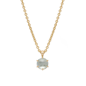 Gold necklace with a round Aquamarine Cabochon pendant on a white background