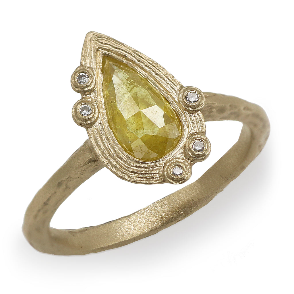 Collaboration 14ct Fairtrade Yellow Gold Ring set with Yellow Pear Rose Cut Diamond