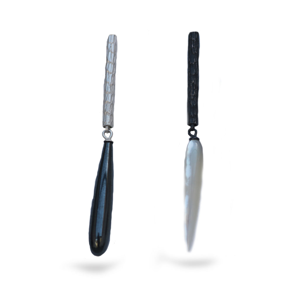 Rebecca Burt Asymmetric Flux Spike Earrings With Pearl and Haematite