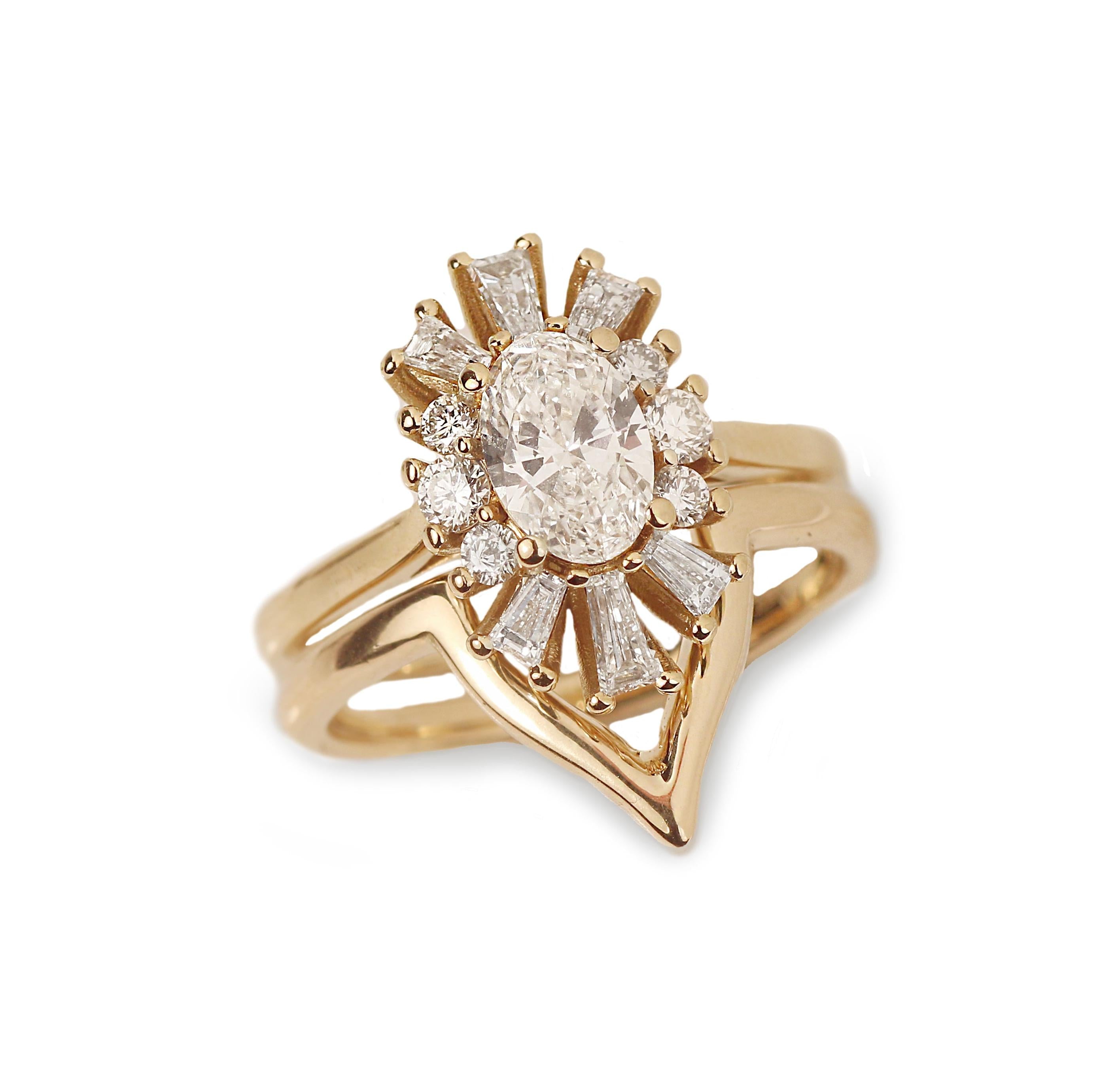 Gold Oval Diamond Ring with art deco feel on a white background 