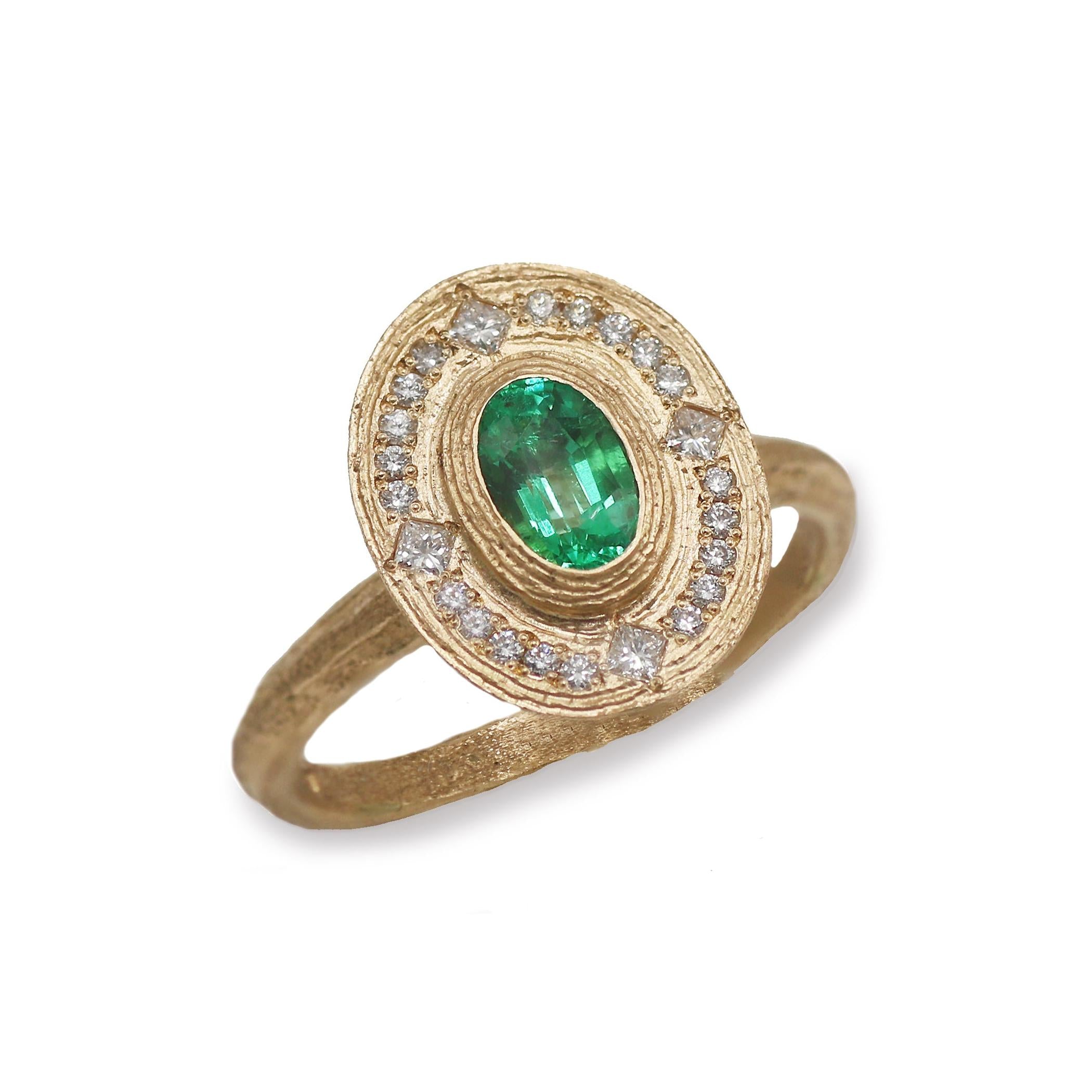 Emerald and Diamond Textured Yellow Gold Halo Engagement Ring