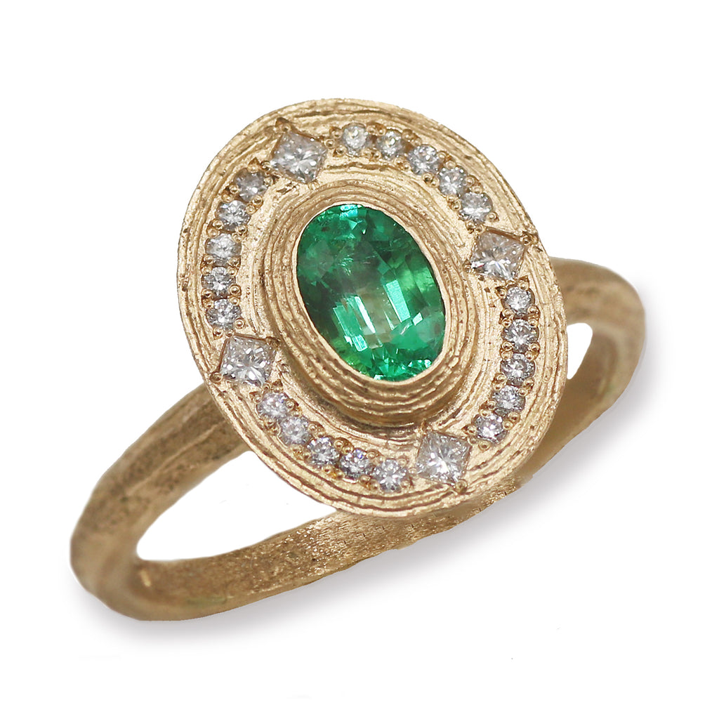 Emerald and Diamond Textured Yellow Gold Halo Engagement Ring