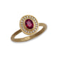Yellow Gold Oval Shaped Ruby and Diamond Halo Ring