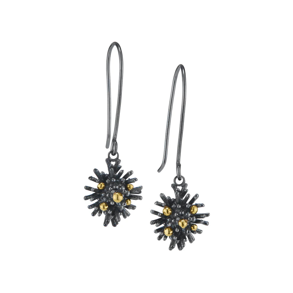 Hannah Bedford Oxidised Silver Urchin Drop Earrings with Yellow Gold Granules