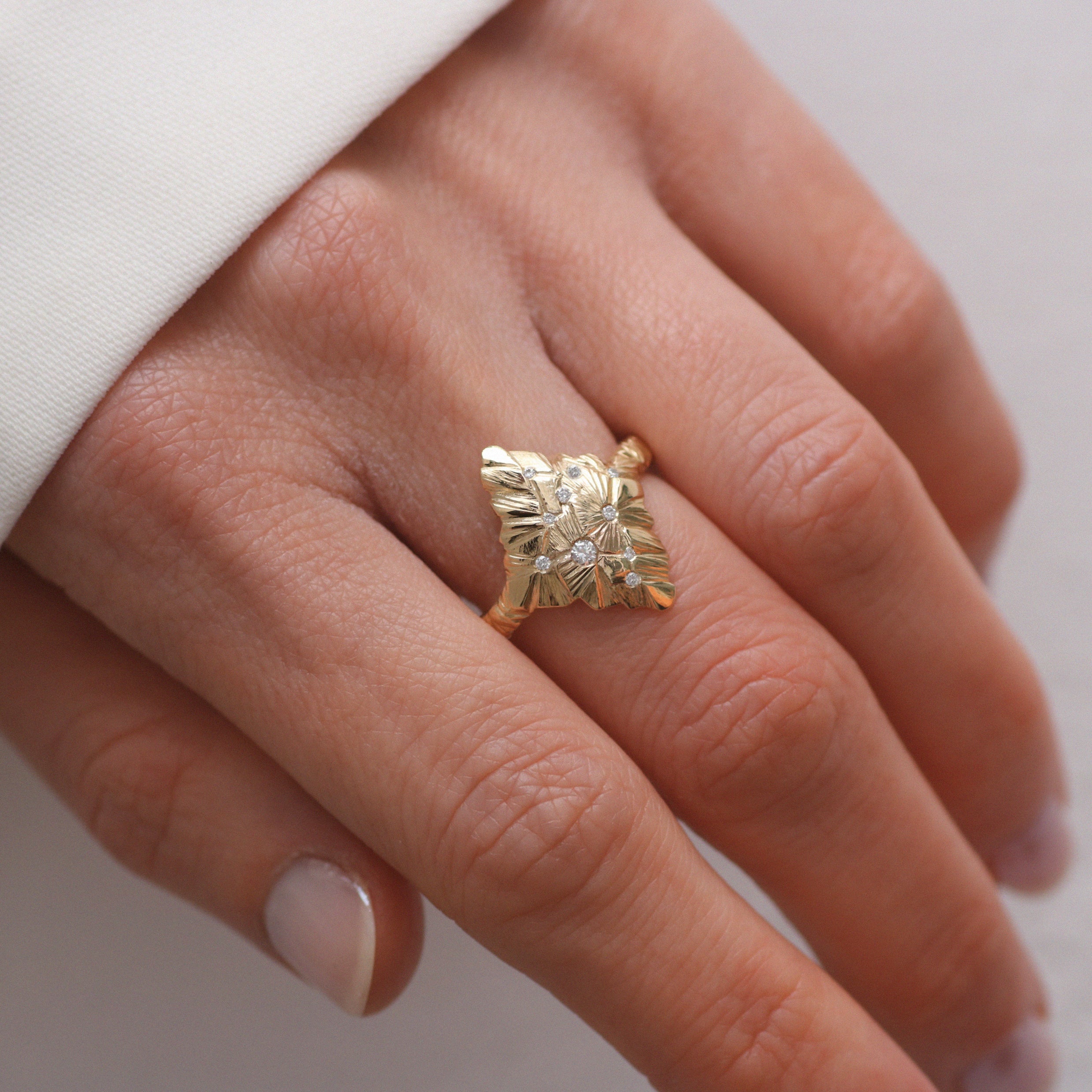 Hannah Felicity Dunne Shield Rock Ring in 9ct Yellow Gold with Diamonds