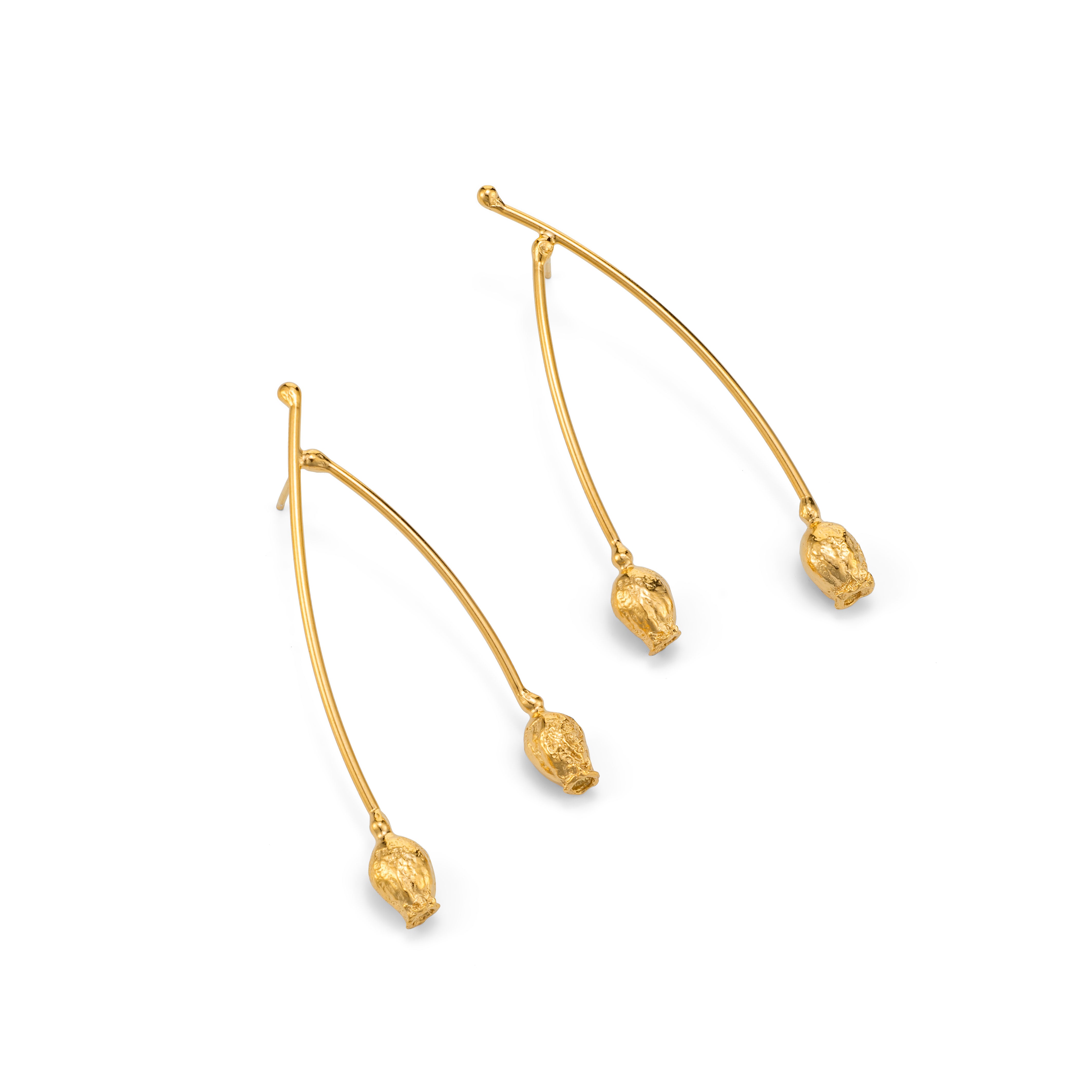 Pair of gold earrings on a white background