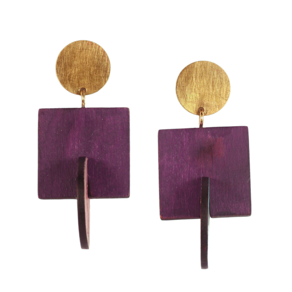 Cristina Zani Gold Plated Purple and Green Wooden Square Earrings