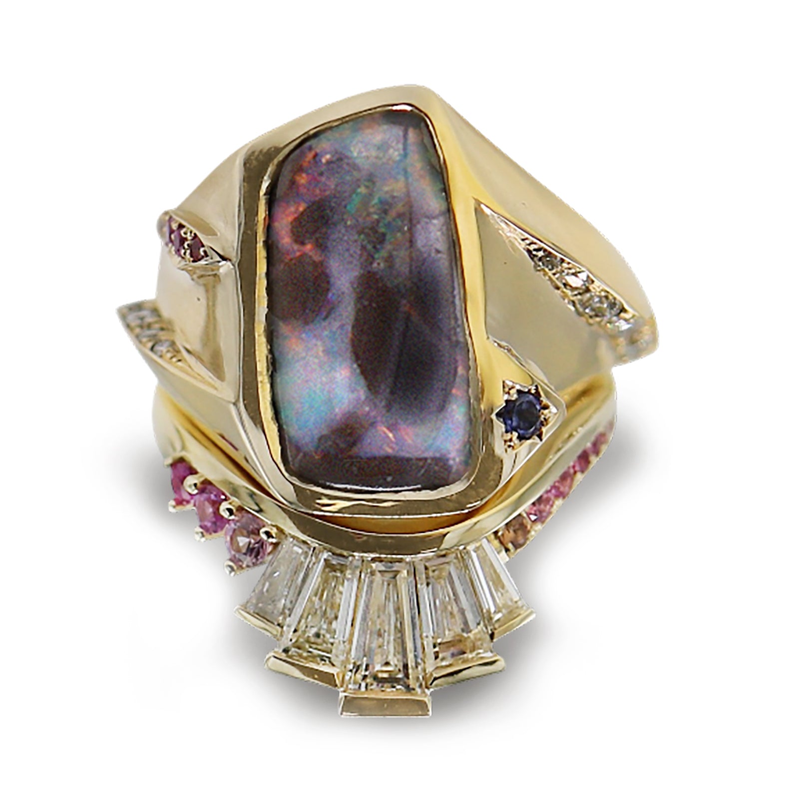India Mee Freeform Opal, Baguette Diamond, Sapphire, Ruby and Tanzanite Ring Set