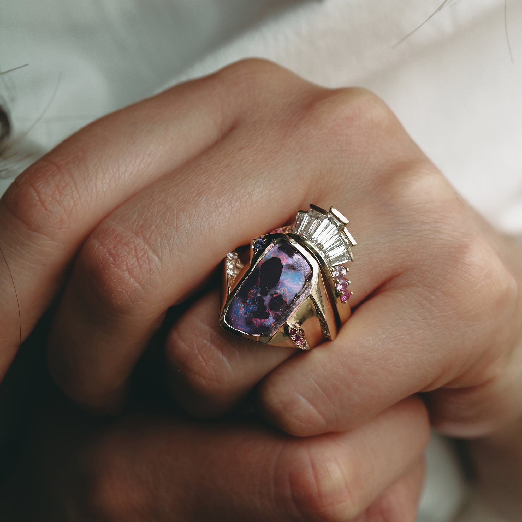 India Mee Freeform Opal, Baguette Diamond, Sapphire, Ruby and Tanzanite Ring Set