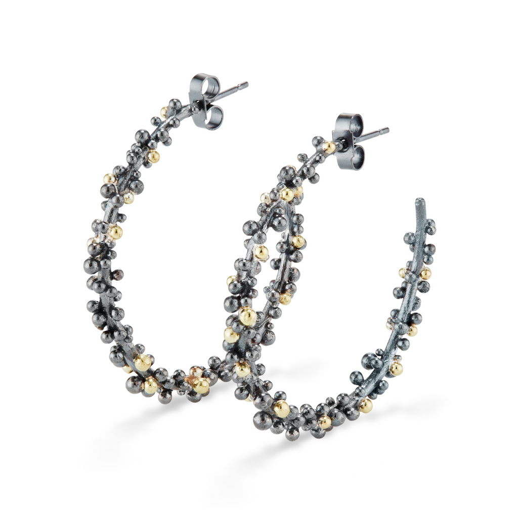 Hannah Bedford Oxidised Silver Large Granule Hoops with 18ct Yellow Gold