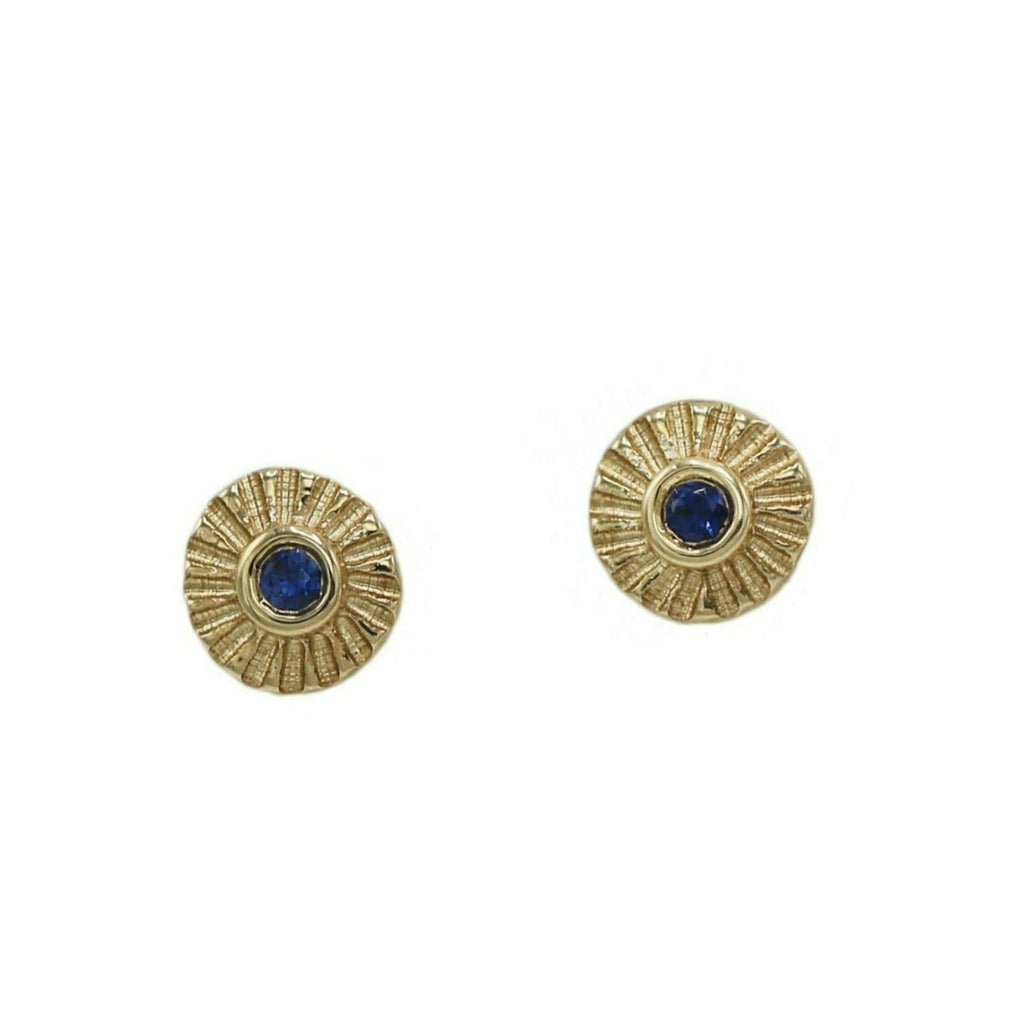 Mim Best 9ct Teeny Tiny Yellow Gold and Blue Sapphire Stamped Studs