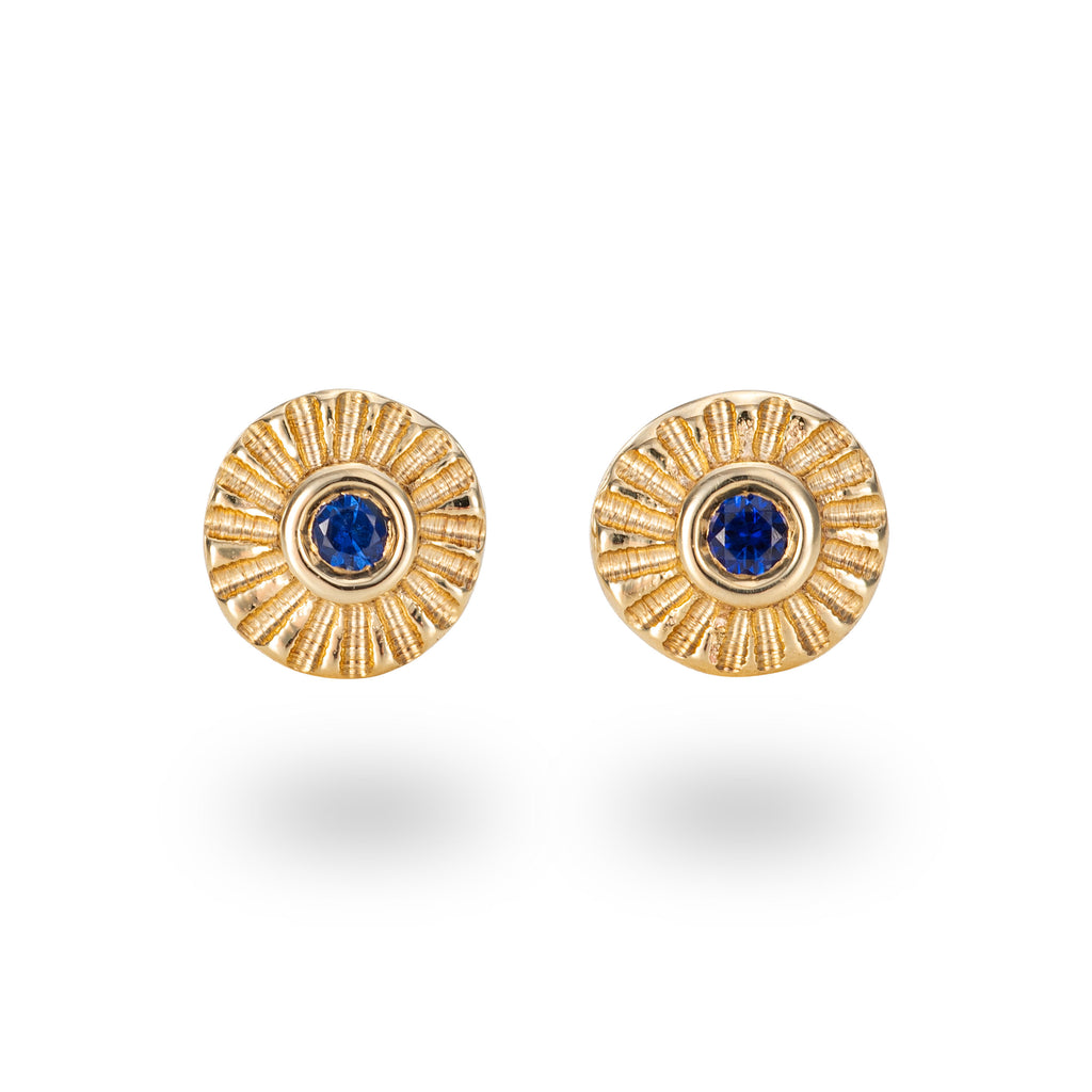 Mim Best 9ct Teeny Tiny Yellow Gold and Blue Sapphire Stamped Studs