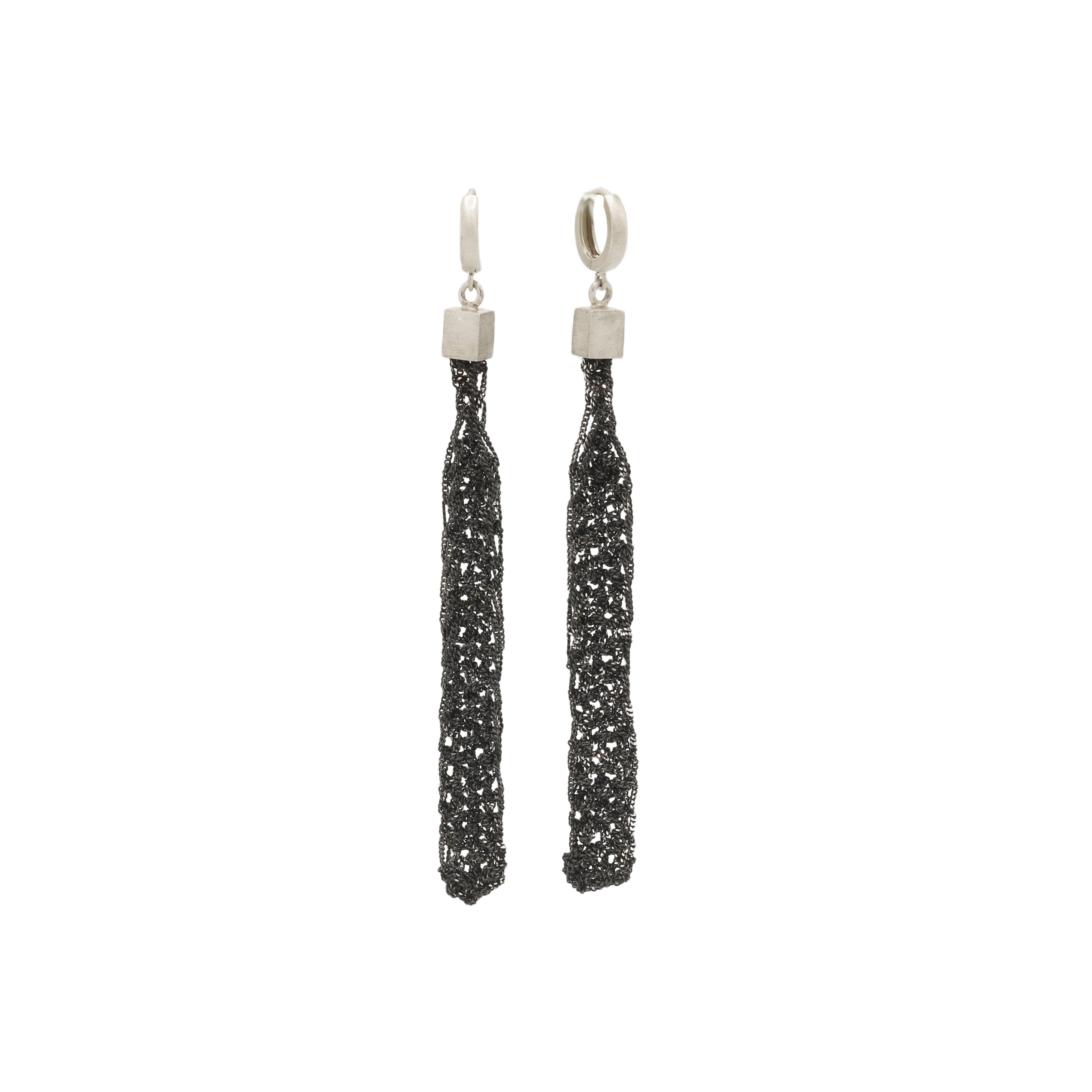 Maria Rzewuska Oxidised Silver Long Woven Chain Drop Earrings