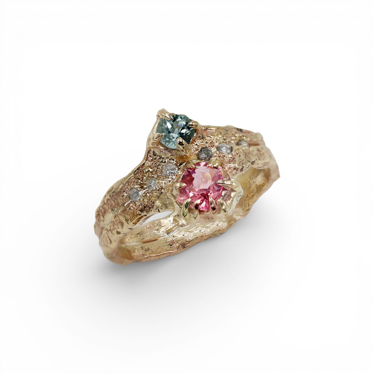 Momocreatura Pink and Seafoam Tourmaline Toi Et Moi Ring with Diamonds in 9ct Yellow Gold
