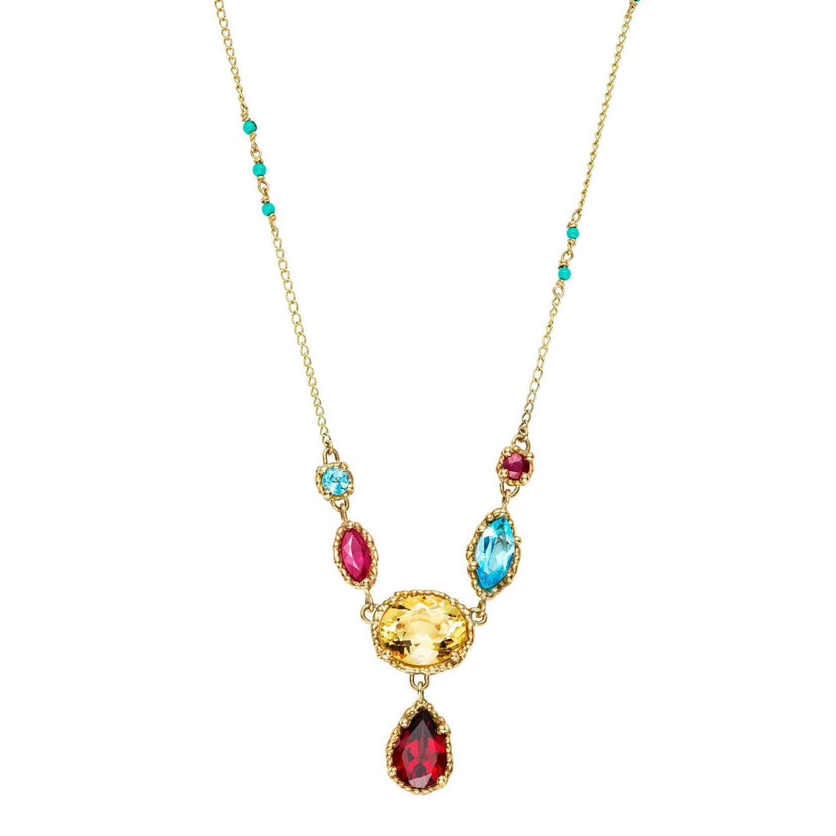 Gold necklace with colorful gemstones on a white background