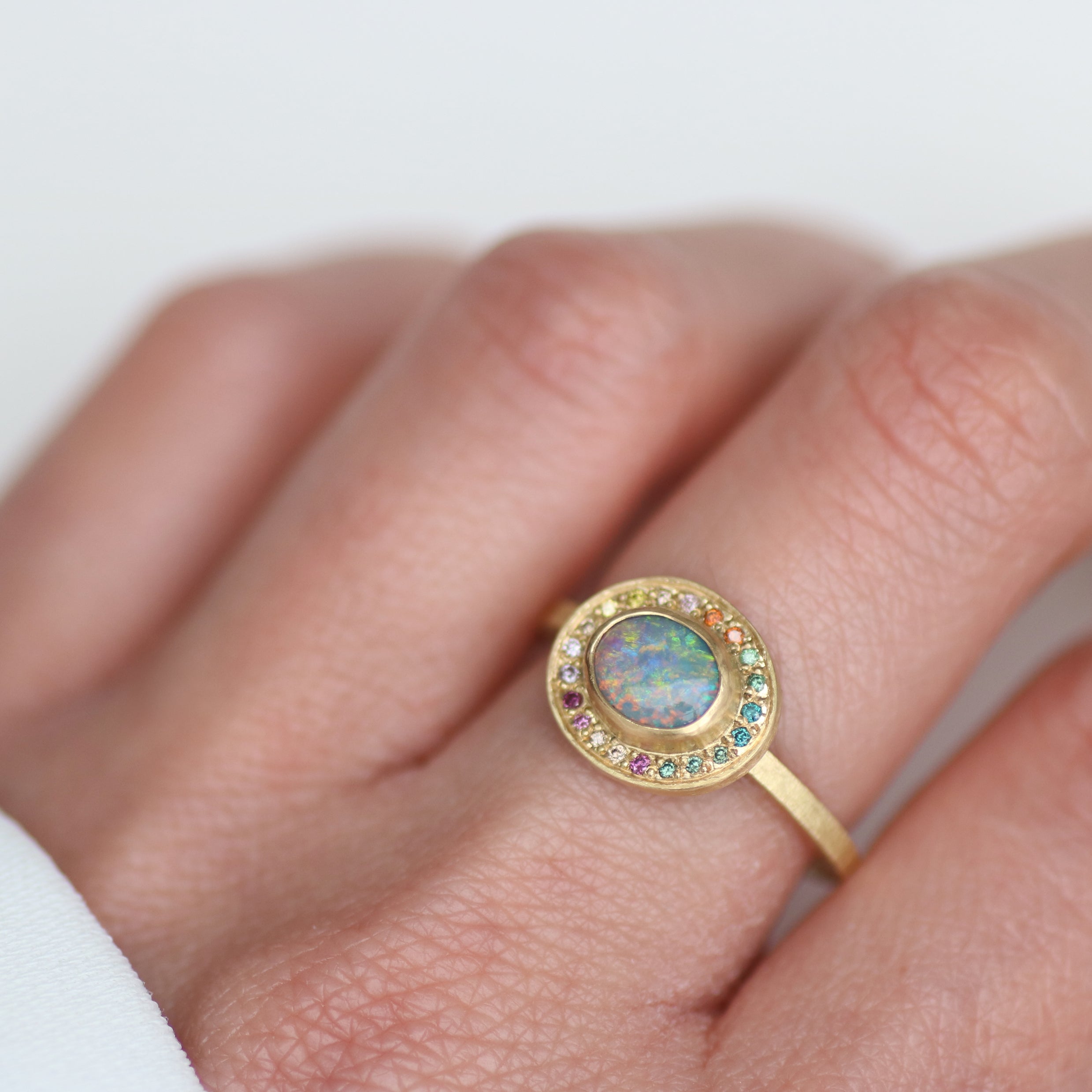 Rachel Jones Nebula Opal & Diamond Halo Ring in 18ct Yellow Gold