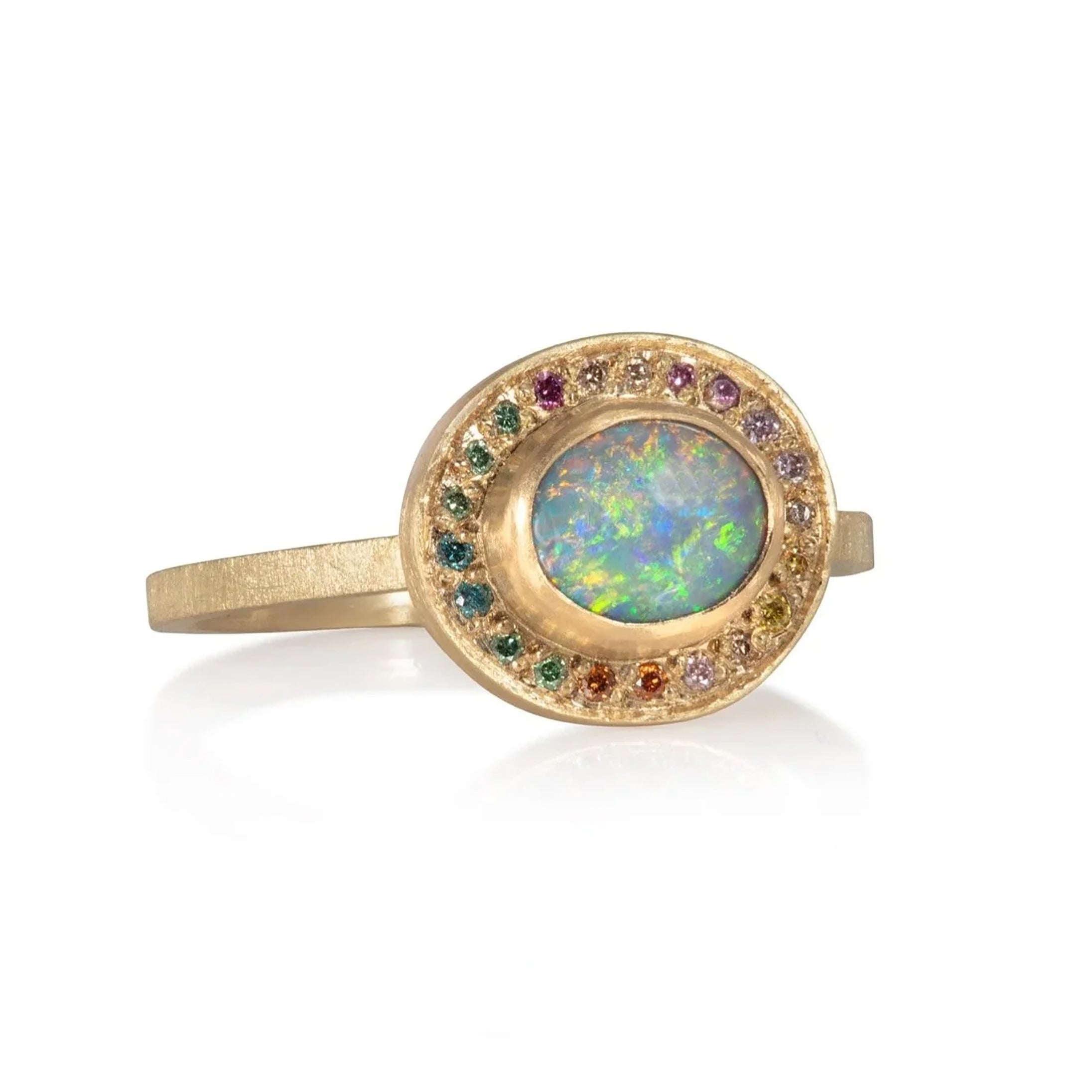 Rachel Jones Nebula Opal & Diamond Halo Ring in 18ct Yellow Gold