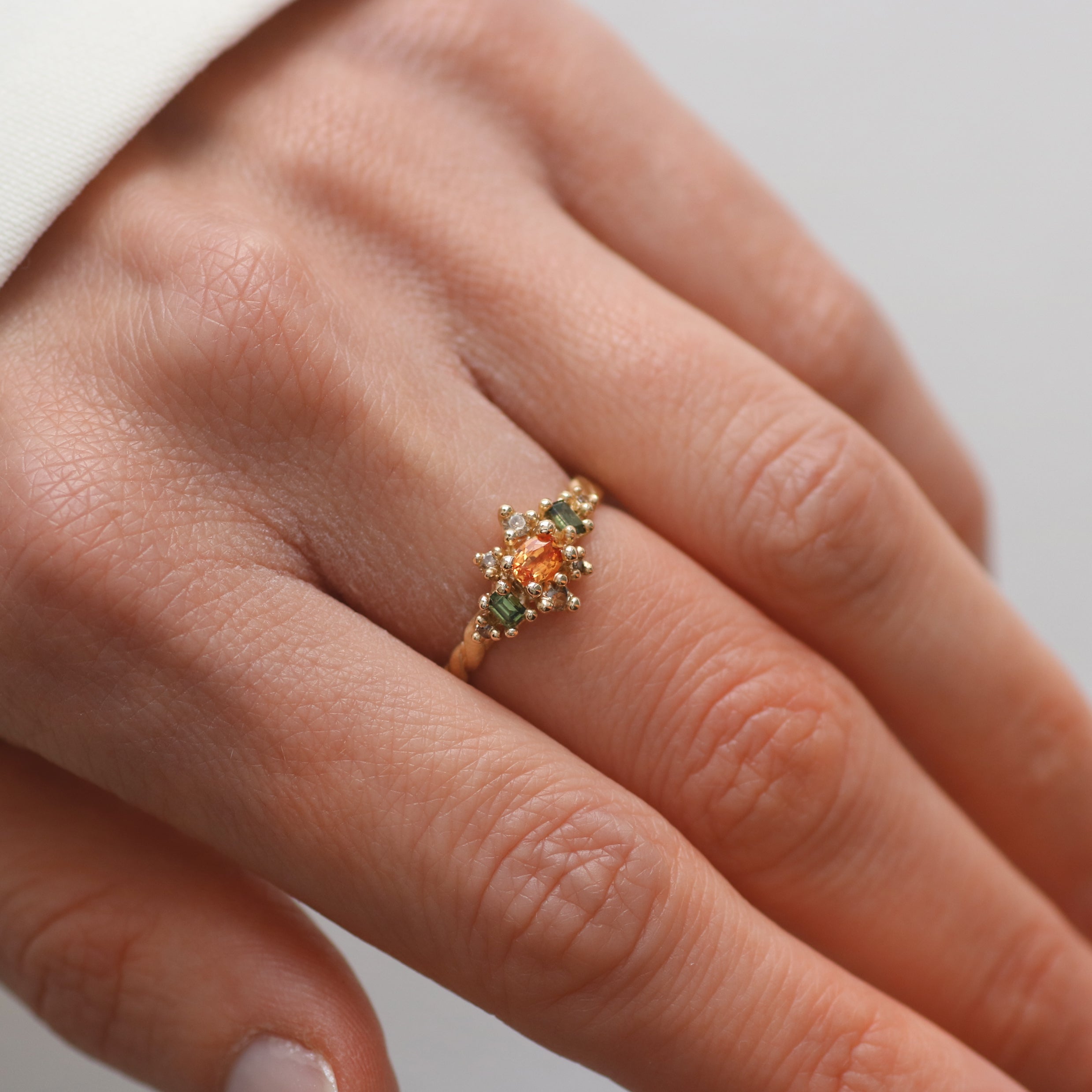 Rosalyn Faith Sapphire and Champagne Diamond Cluster Engagement Ring in 9ct Yellow Gold